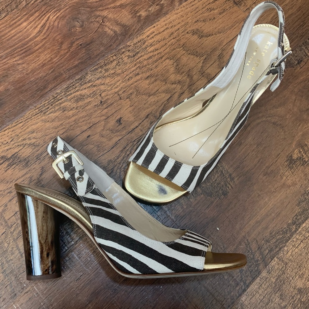Kate Spade Sophie 7.5 B Brown / Ivory Zebra Striped Sling Back Shoe Marble Heel